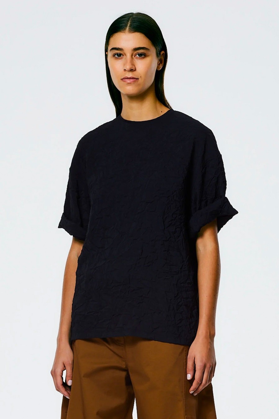 Tops And Shirts Tibi | Crinkle Shirting Easy Tee In Midnight Blue