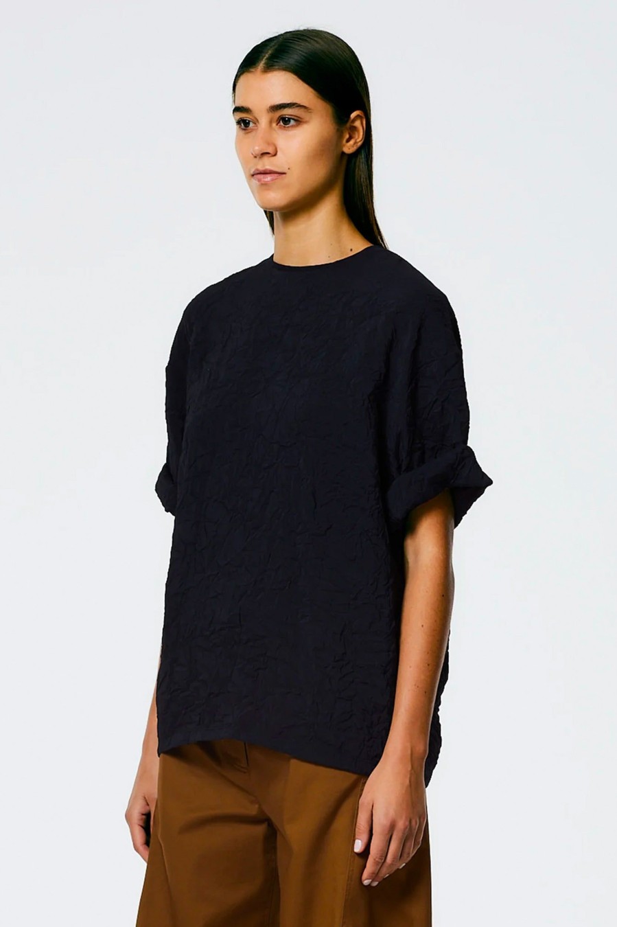 Tops And Shirts Tibi | Crinkle Shirting Easy Tee In Midnight Blue